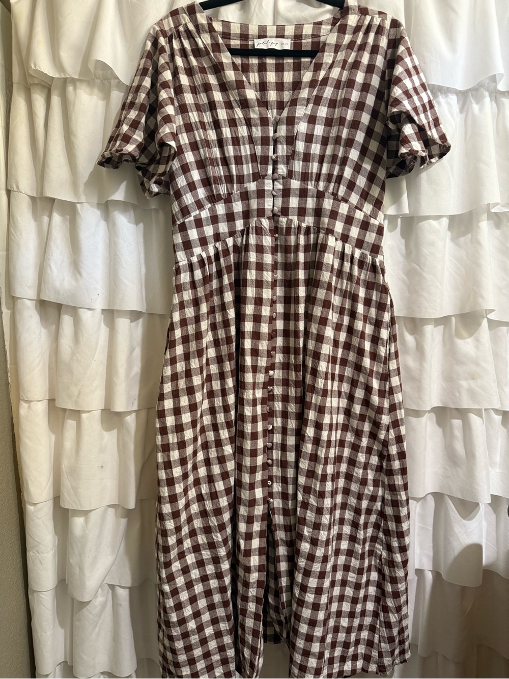 Petal & Pup Robinson Brown and White Gingham Button-Front Midi Dress - Picture 3 of 16